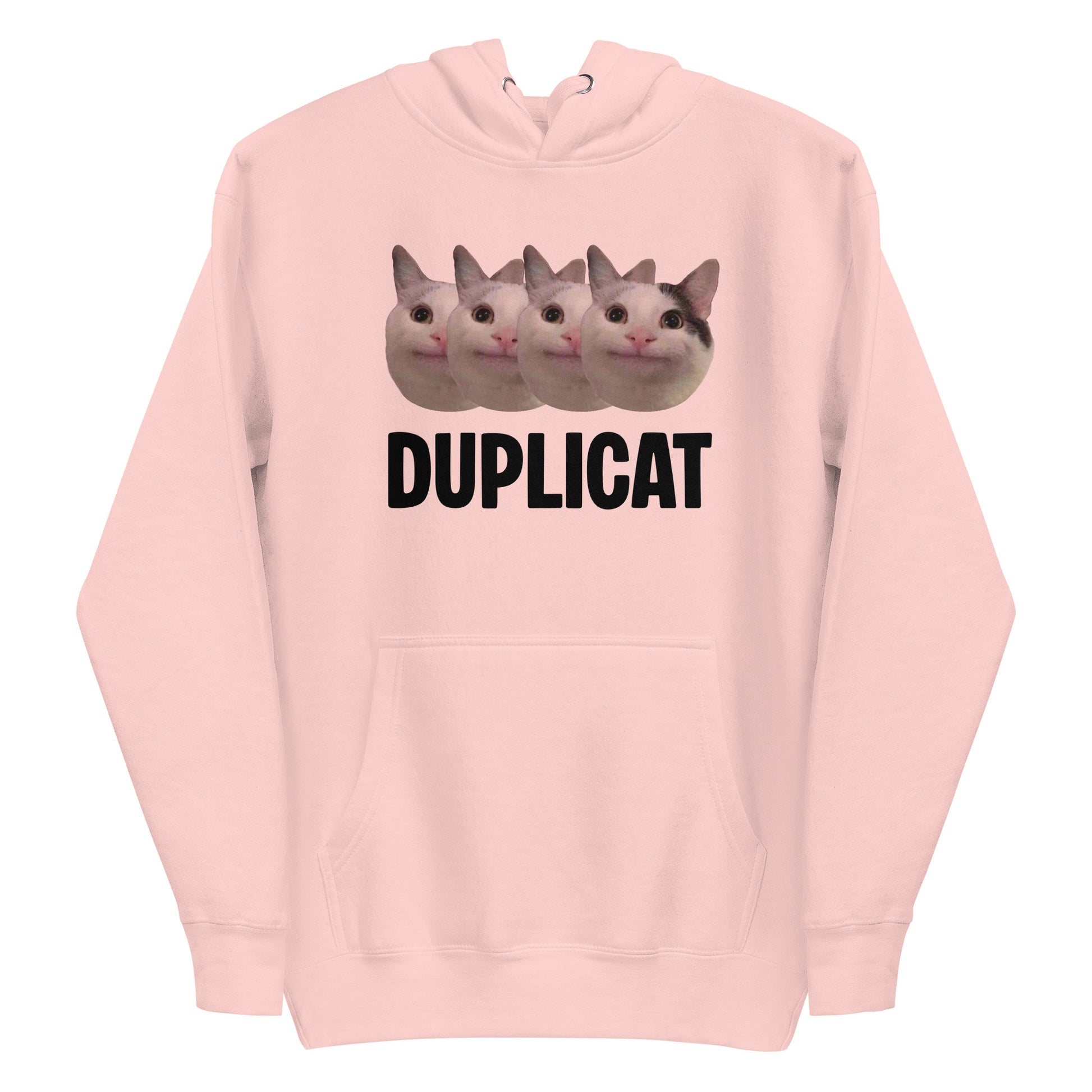 Light Pink unisex hoodie featuring repeating Beluga cat faces and "DUPLICAT" text