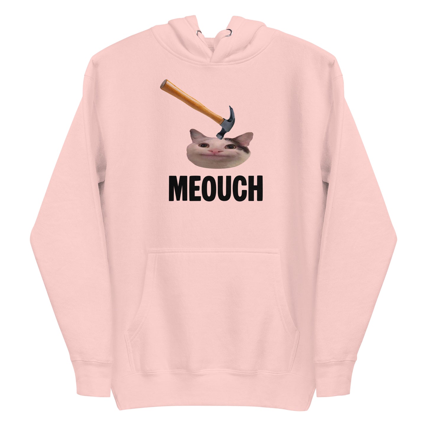 Light Pink unisex hoodie with funny "MEOUCH" cat meme design and a hammer
