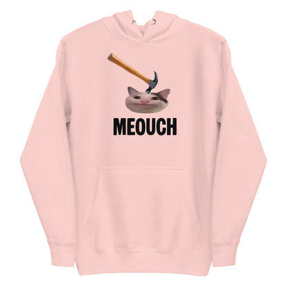 Light Pink unisex hoodie with funny "MEOUCH" cat meme design and a hammer