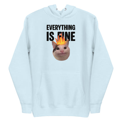 Sky Blue unisex hoodie featuring Beluga cat with fire on head and "EVERYTHING IS FINE" text