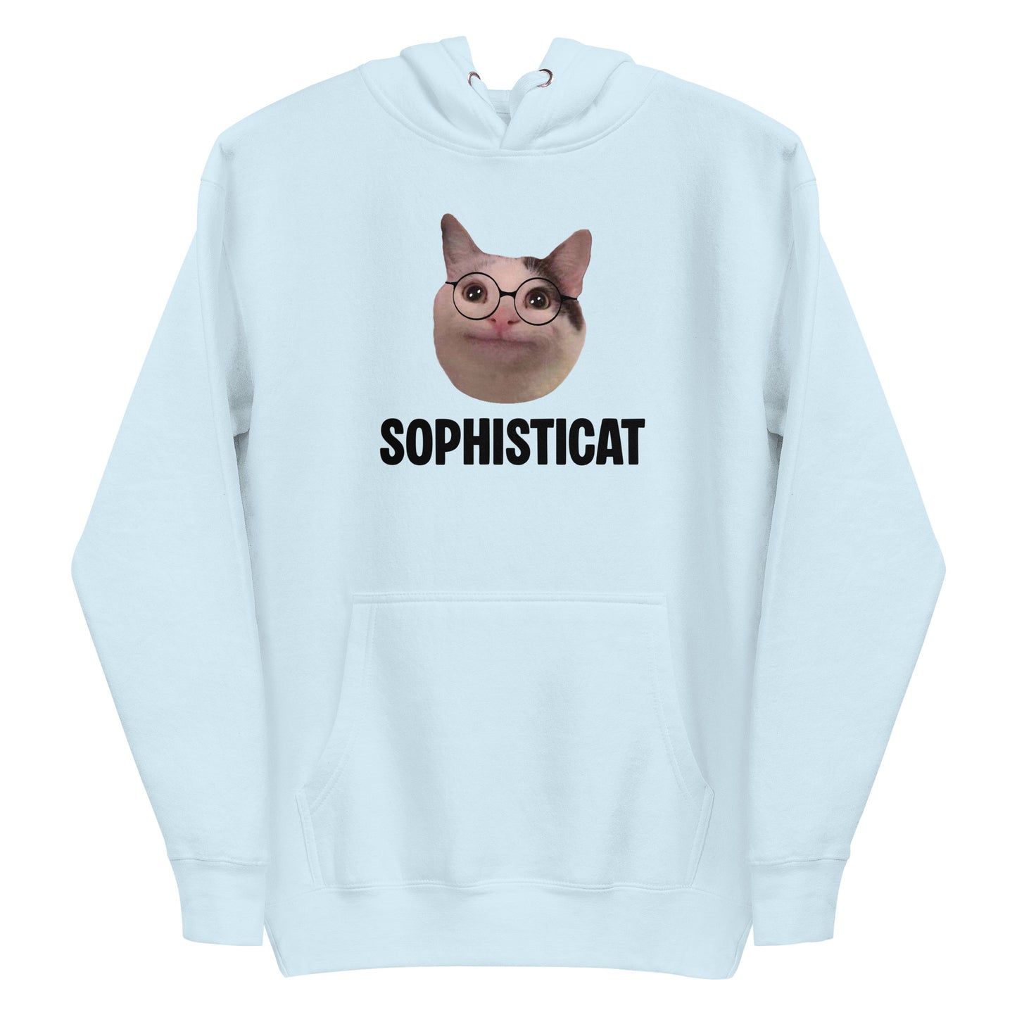 Sky Blue unisex hoodie featuring Beluga cat wearing round glasses and "SOPHISTICAT" text