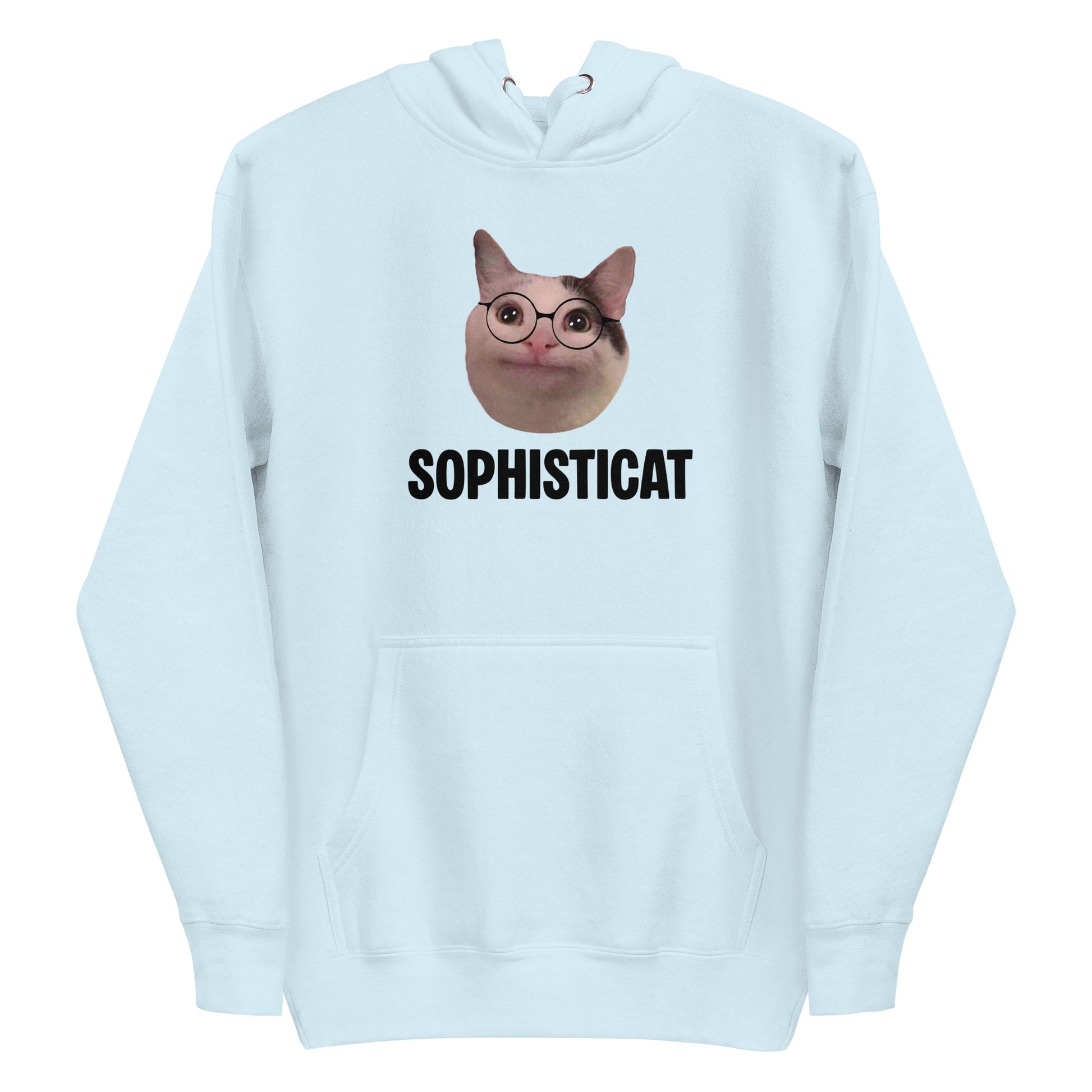 Sky Blue unisex hoodie featuring Beluga cat wearing round glasses and "SOPHISTICAT" text
