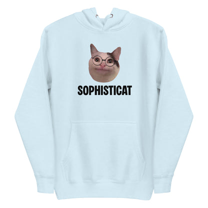 Sky Blue unisex hoodie featuring Beluga cat wearing round glasses and "SOPHISTICAT" text