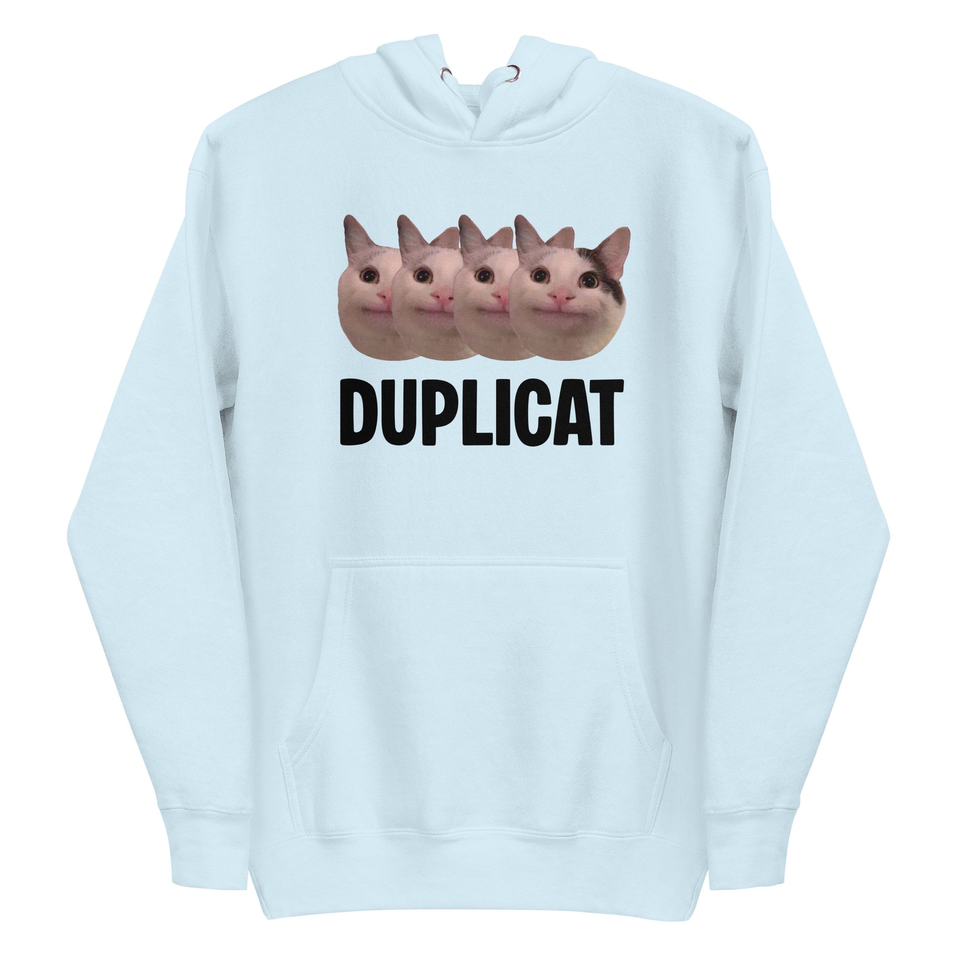 Sky Blue unisex hoodie featuring repeating Beluga cat faces and "DUPLICAT" text