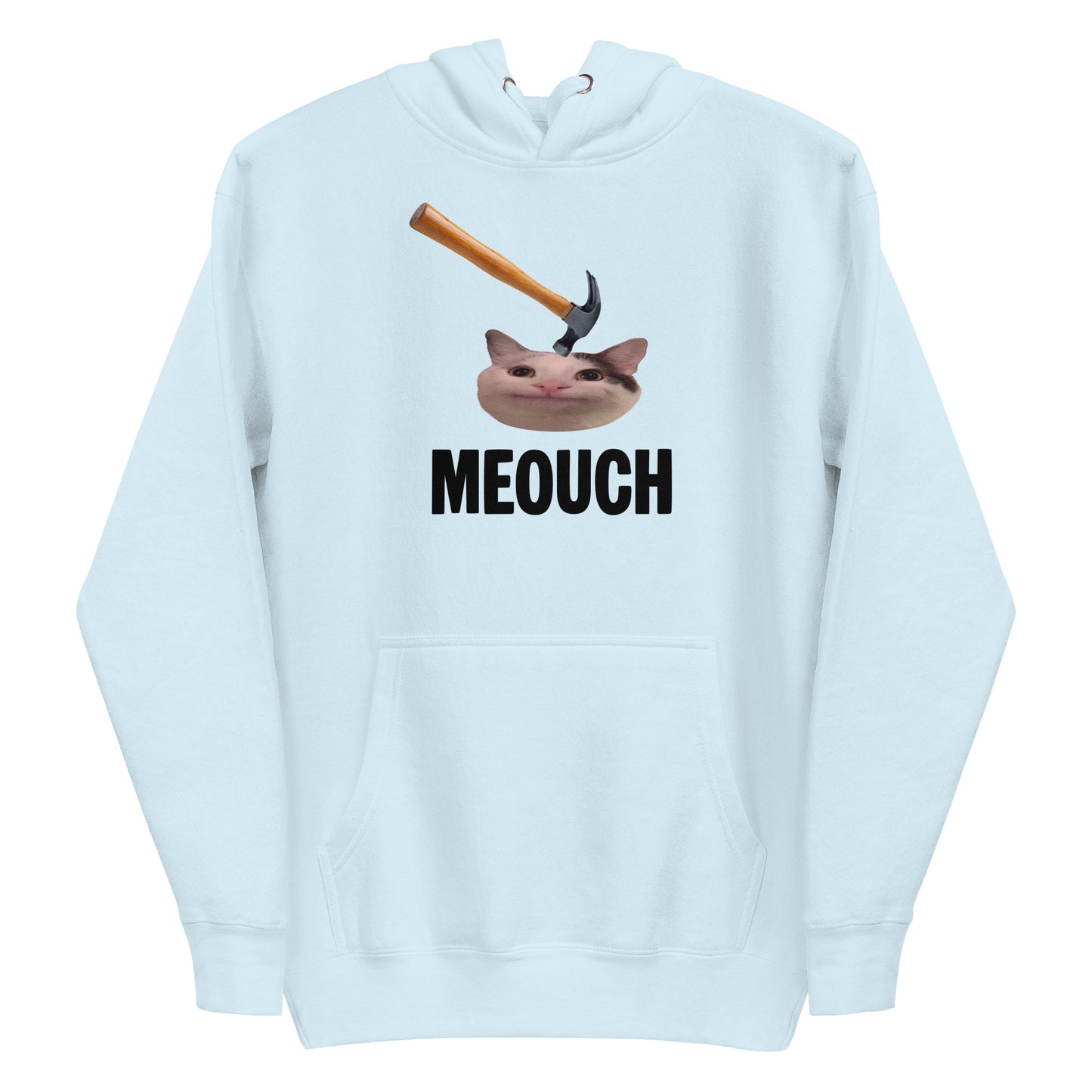 Sky Blue unisex hoodie with funny "MEOUCH" cat meme design and a hammer