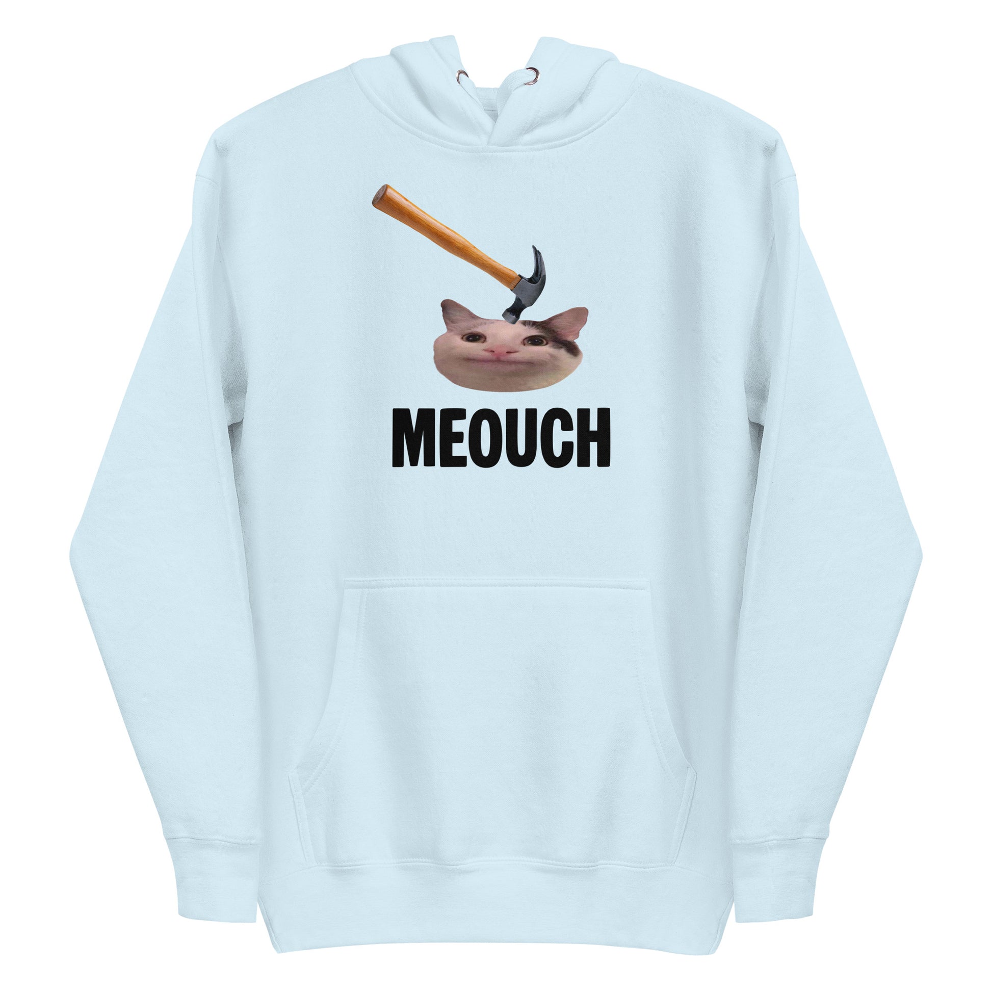 Sky Blue unisex hoodie with funny "MEOUCH" cat meme design and a hammer