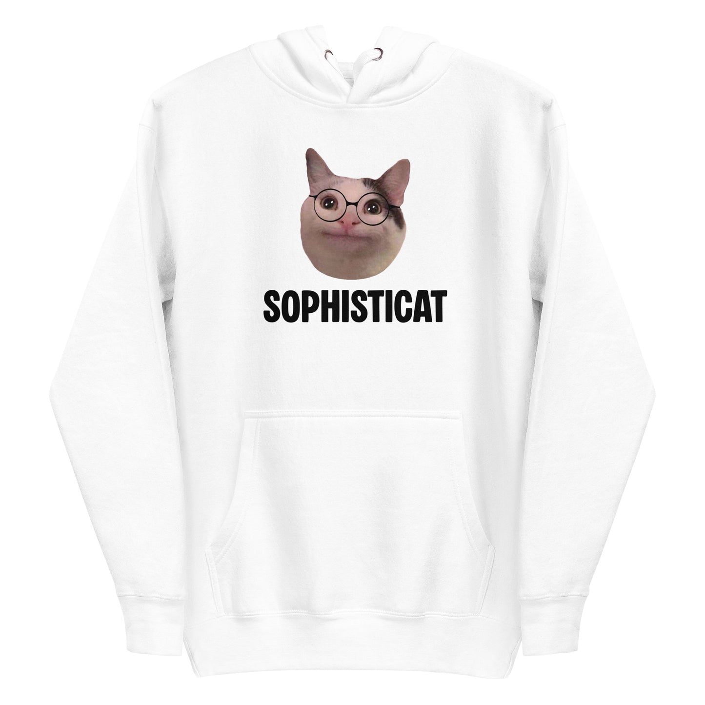 White unisex hoodie featuring Beluga cat wearing round glasses and "SOPHISTICAT" text