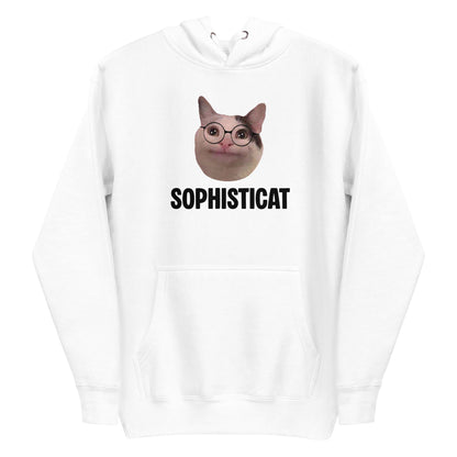 White unisex hoodie featuring Beluga cat wearing round glasses and "SOPHISTICAT" text