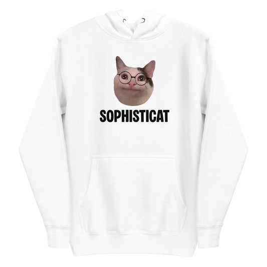 White unisex hoodie featuring Beluga cat wearing round glasses and "SOPHISTICAT" text