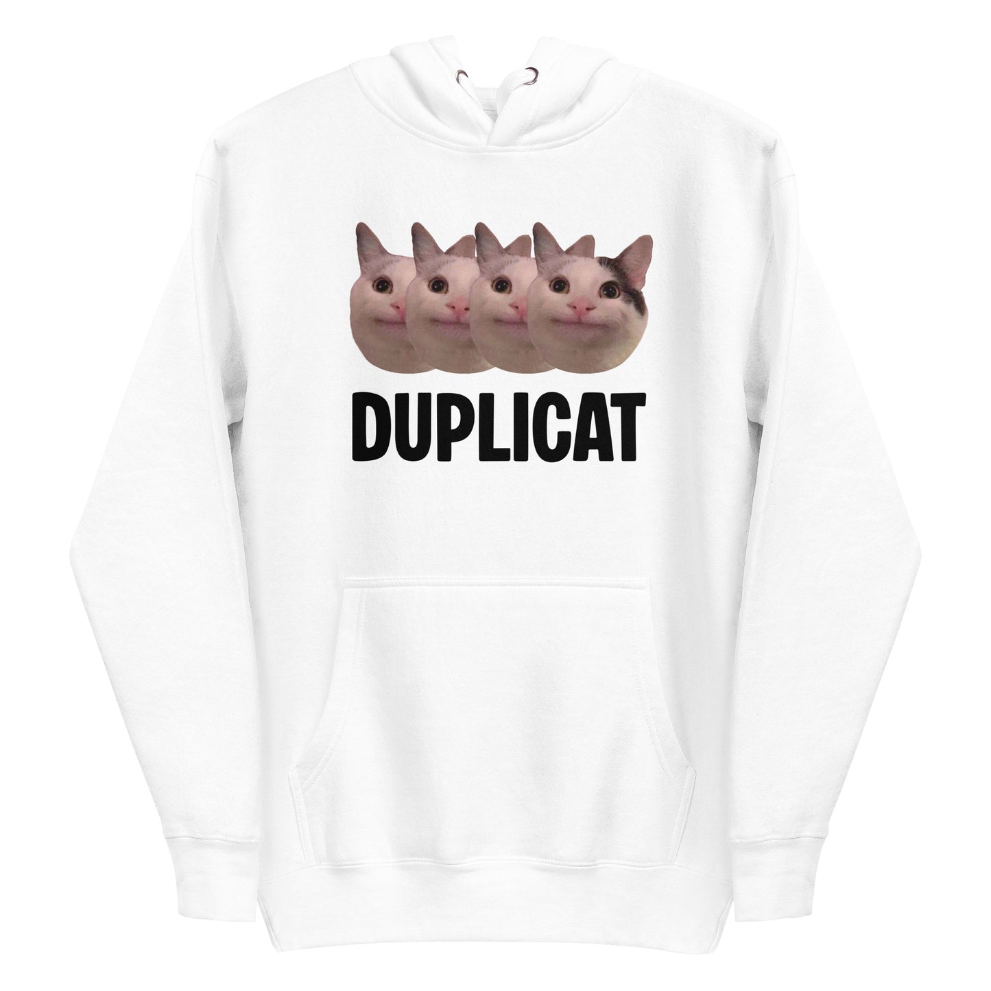 White unisex hoodie featuring repeating Beluga cat faces and "DUPLICAT" text