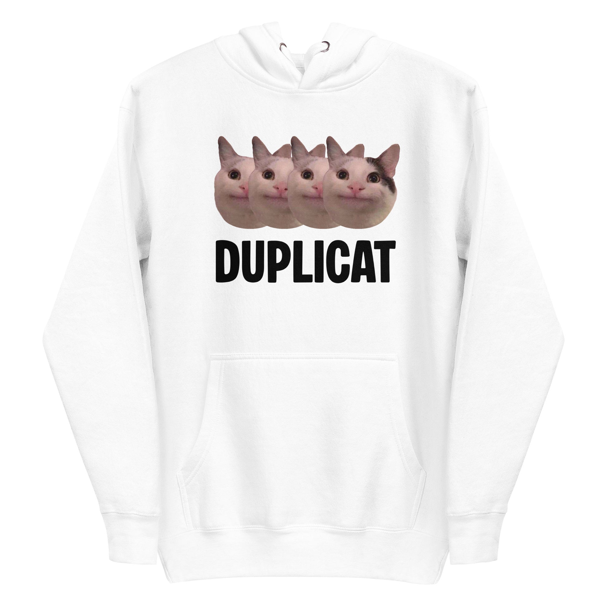 White unisex hoodie featuring repeating Beluga cat faces and "DUPLICAT" text