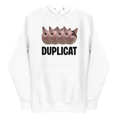 White unisex hoodie featuring repeating Beluga cat faces and "DUPLICAT" text
