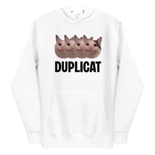White unisex hoodie featuring repeating Beluga cat faces and "DUPLICAT" text