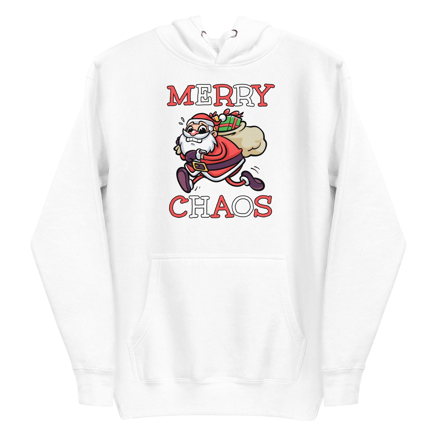 White unisex hoodie featuring a running Santa Claus cartoon and "MERRY CHAOS" text