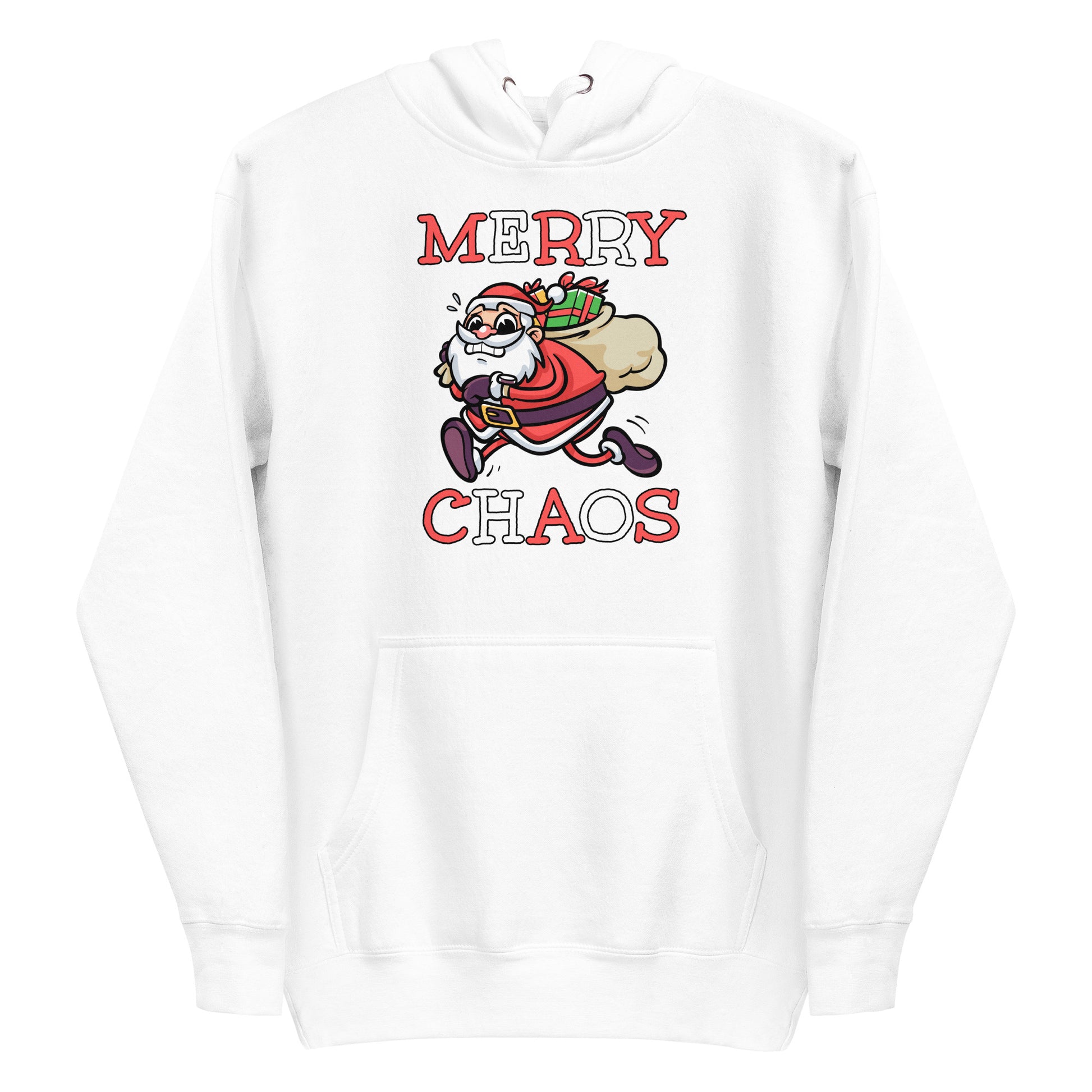 White unisex hoodie featuring a running Santa Claus cartoon and "MERRY CHAOS" text