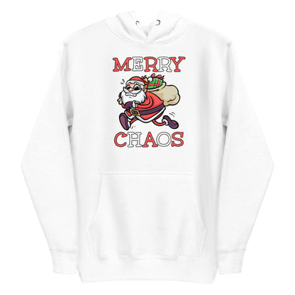 White unisex hoodie featuring a running Santa Claus cartoon and "MERRY CHAOS" text