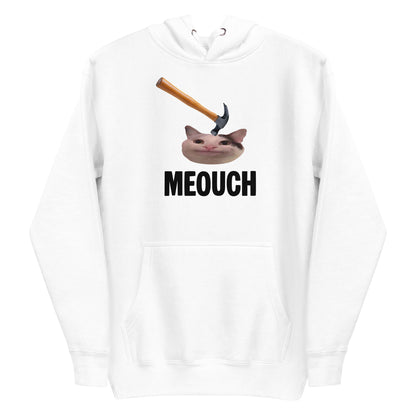 White unisex hoodie with funny "MEOUCH" cat meme design and a hammer