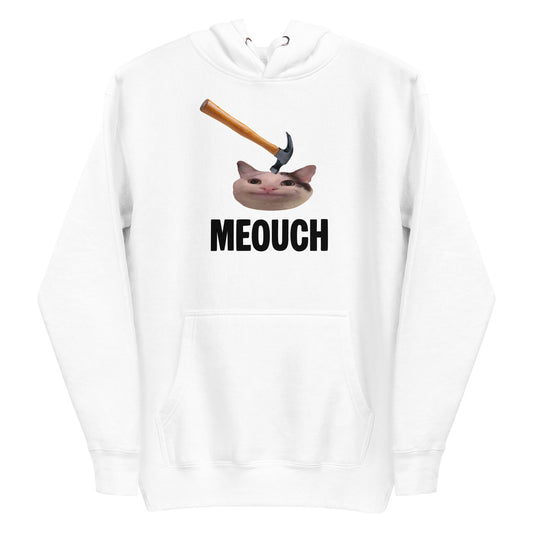 White unisex hoodie with funny "MEOUCH" cat meme design and a hammer