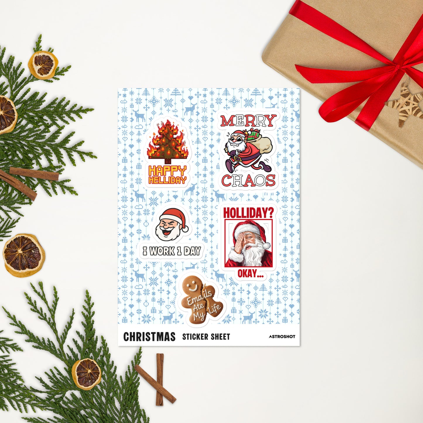 Funny Christmas sticker sheet featuring Happy Helliday burning tree, Merry Chaos Santa, and Emails Ate My Life gingerbread man