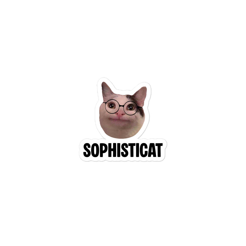 Die-cut vinyl sticker featuring Beluga cat wearing round glasses and "SOPHISTICAT" text
