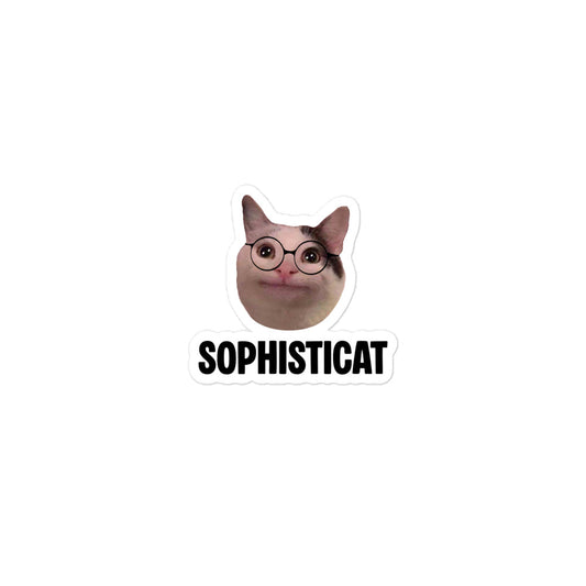 Die-cut vinyl sticker featuring Beluga cat wearing round glasses and "SOPHISTICAT" text