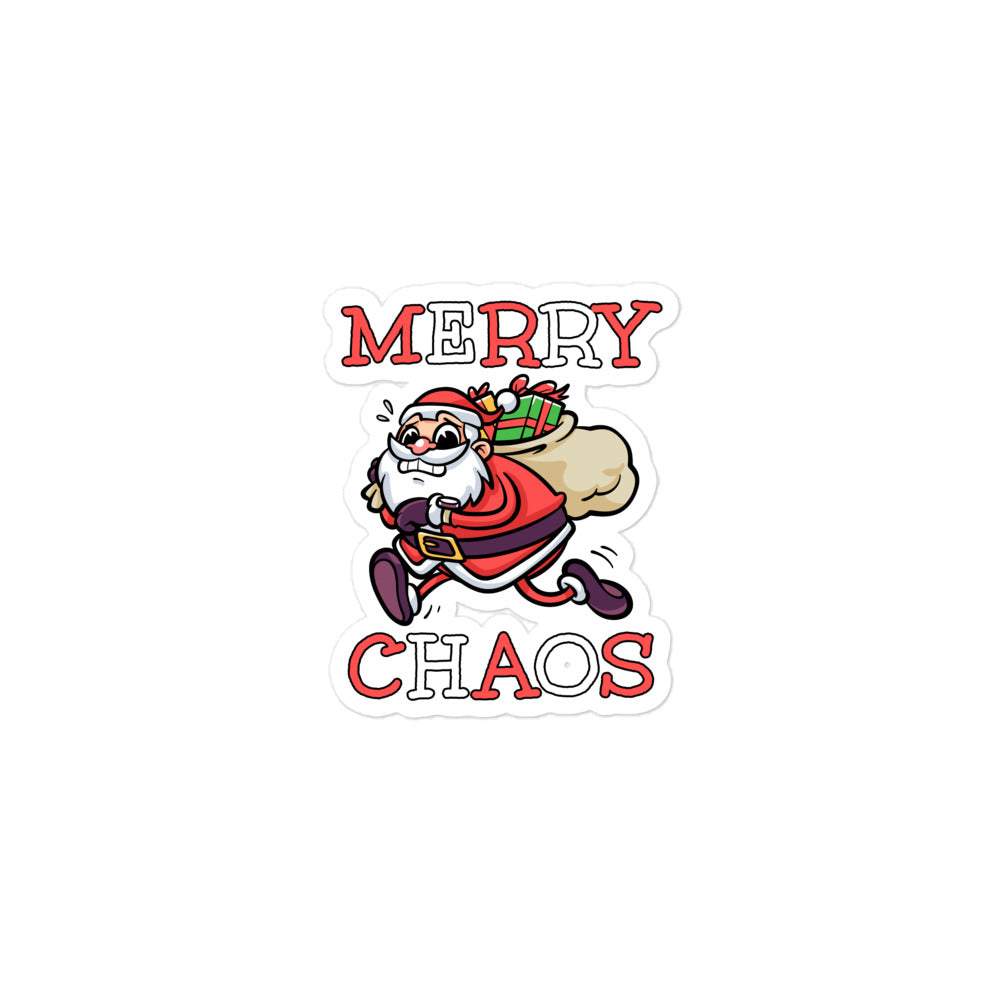 Die-cut vinyl sticker featuring running Santa Claus and "MERRY CHAOS" text