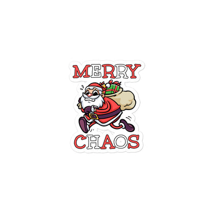 Die-cut vinyl sticker featuring running Santa Claus and "MERRY CHAOS" text