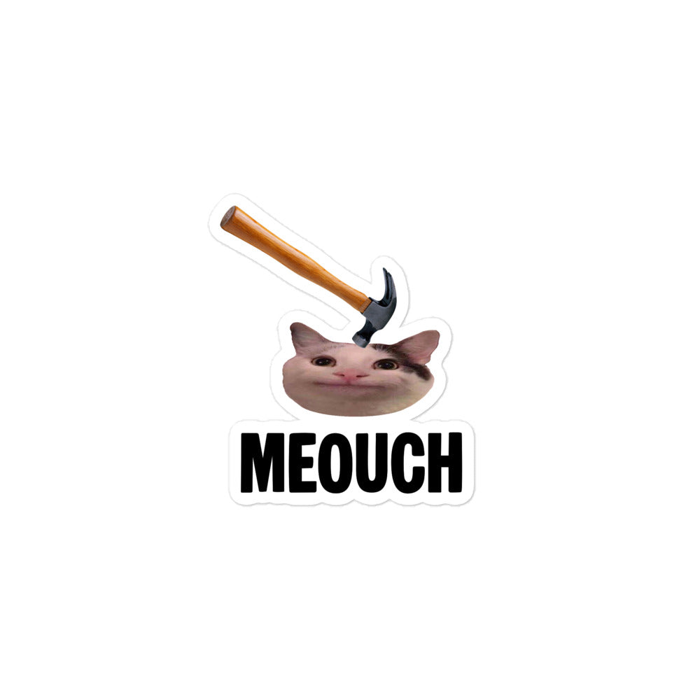 Meouch bubble-free vinyl sticker featuring Beluga cat meme getting bonked by a hammer