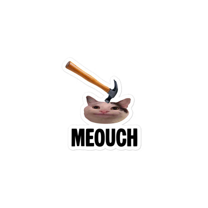 Meouch bubble-free vinyl sticker featuring Beluga cat meme getting bonked by a hammer