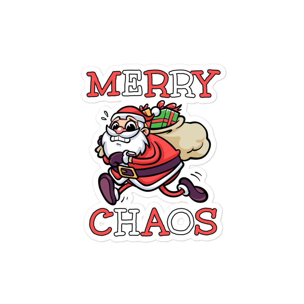 Die-cut vinyl sticker featuring running Santa Claus and "MERRY CHAOS" text