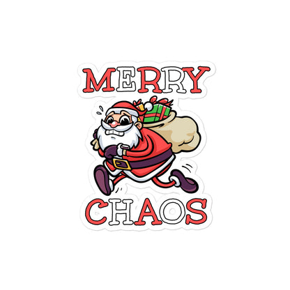 Die-cut vinyl sticker featuring running Santa Claus and "MERRY CHAOS" text