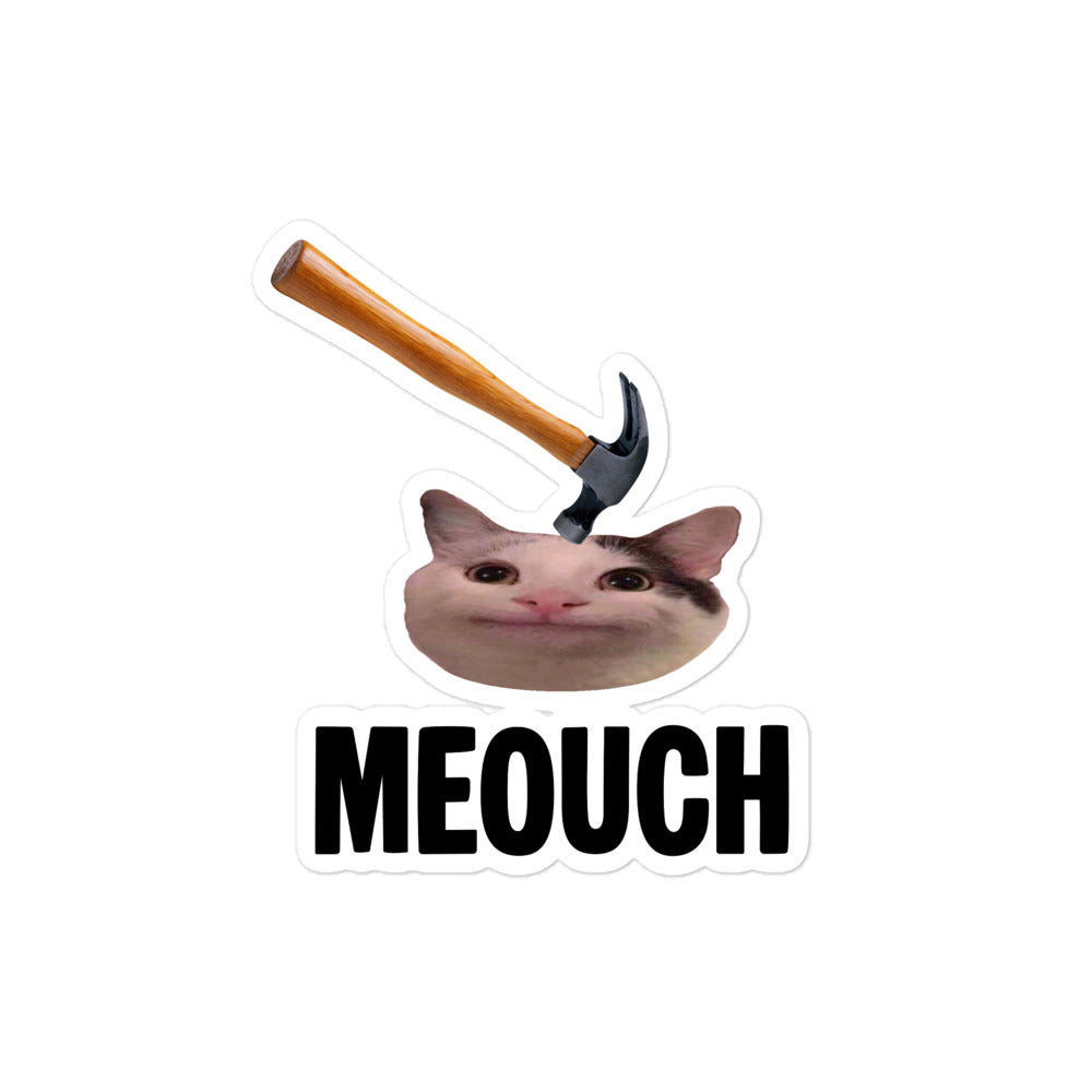 Meouch bubble-free vinyl sticker featuring Beluga cat meme getting bonked by a hammer