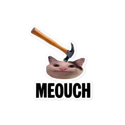 Meouch bubble-free vinyl sticker featuring Beluga cat meme getting bonked by a hammer