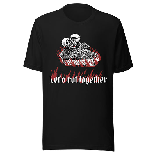 Unisex t-shirt featuring [DESCRIBE DESIGN] and "LET'S ROT TOGETHER" text - Funny lazy couple graphic tee
