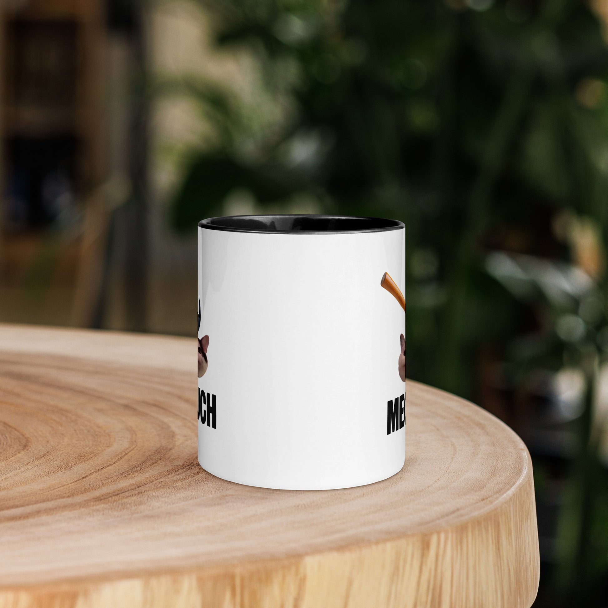White ceramic mug with black inside featuring funny Meouch cat meme and hammer design
