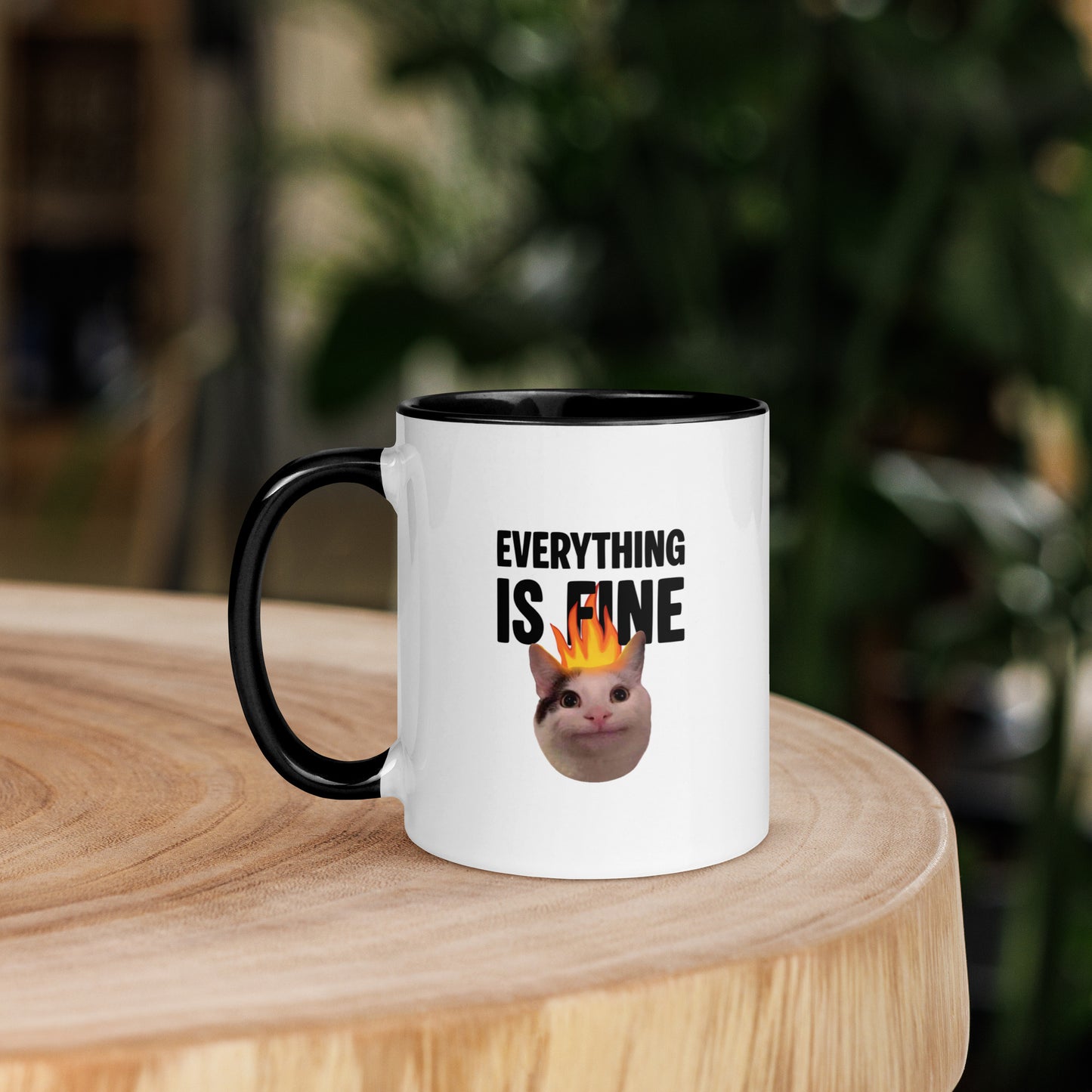 White ceramic mug with color inside featuring Beluga cat with fire on head and "EVERYTHING IS FINE" text