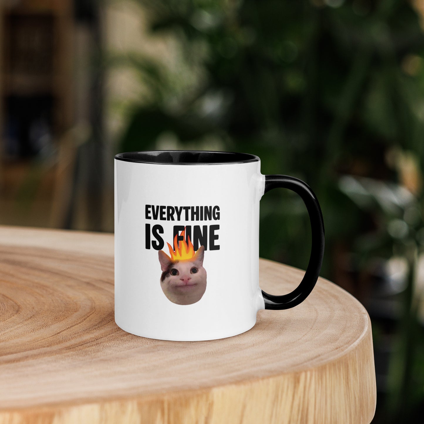 White ceramic mug with color inside featuring Beluga cat with fire on head and "EVERYTHING IS FINE" text