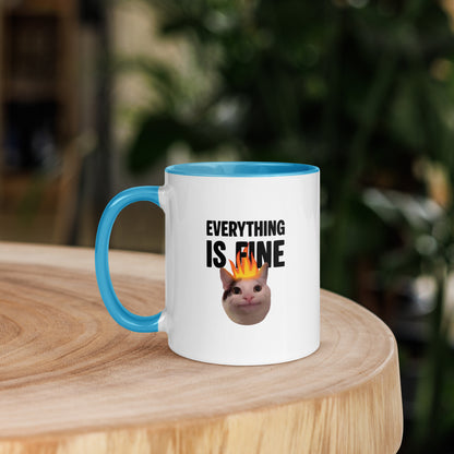 White ceramic mug with color inside featuring Beluga cat with fire on head and "EVERYTHING IS FINE" text