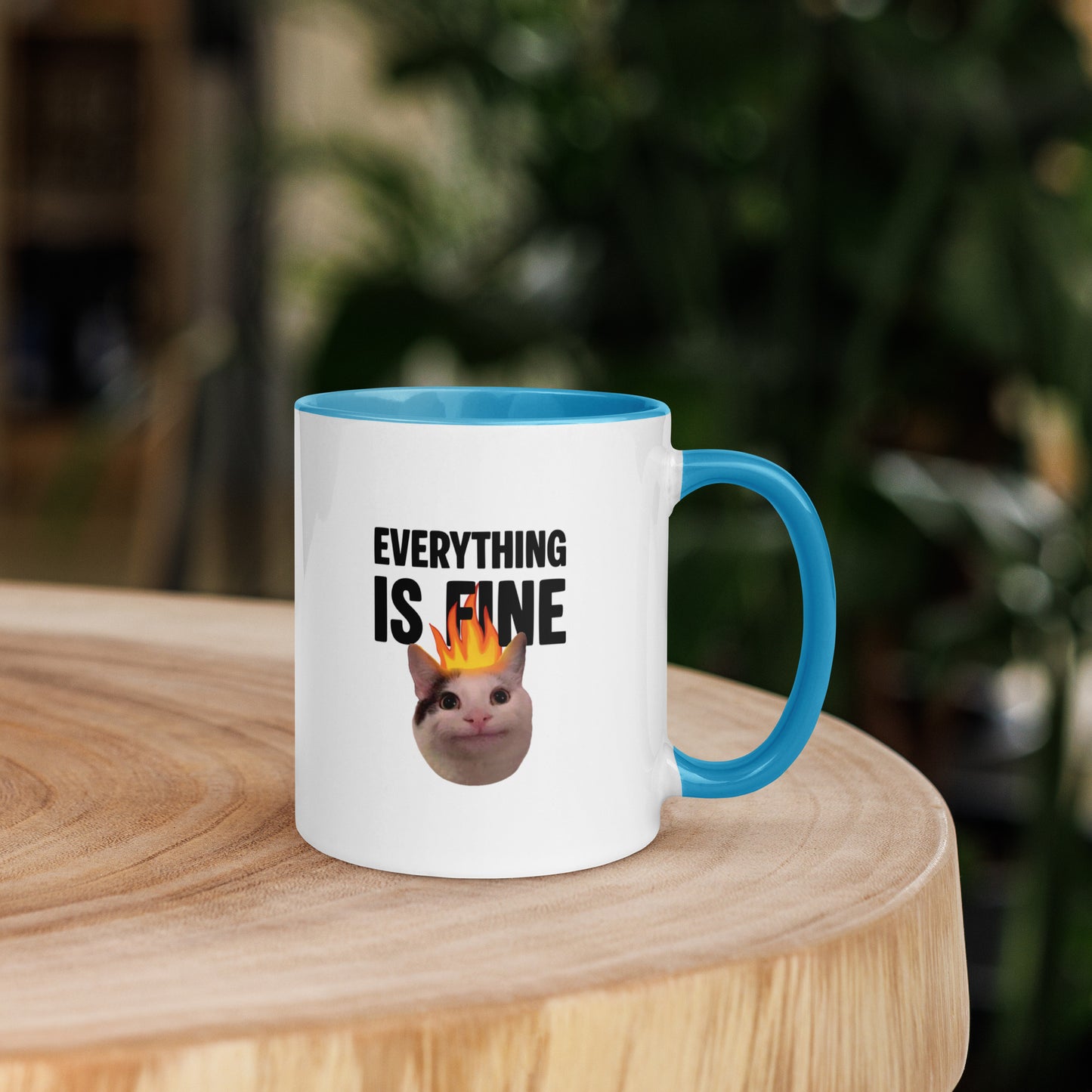 White ceramic mug with color inside featuring Beluga cat with fire on head and "EVERYTHING IS FINE" text