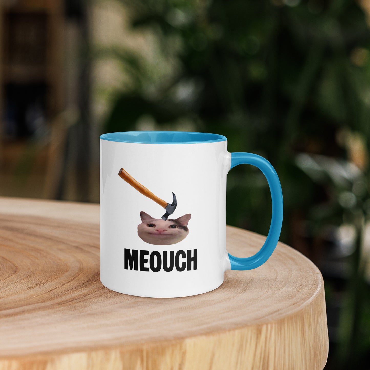 White ceramic mug with Color inside featuring funny Meouch cat meme and hammer design
