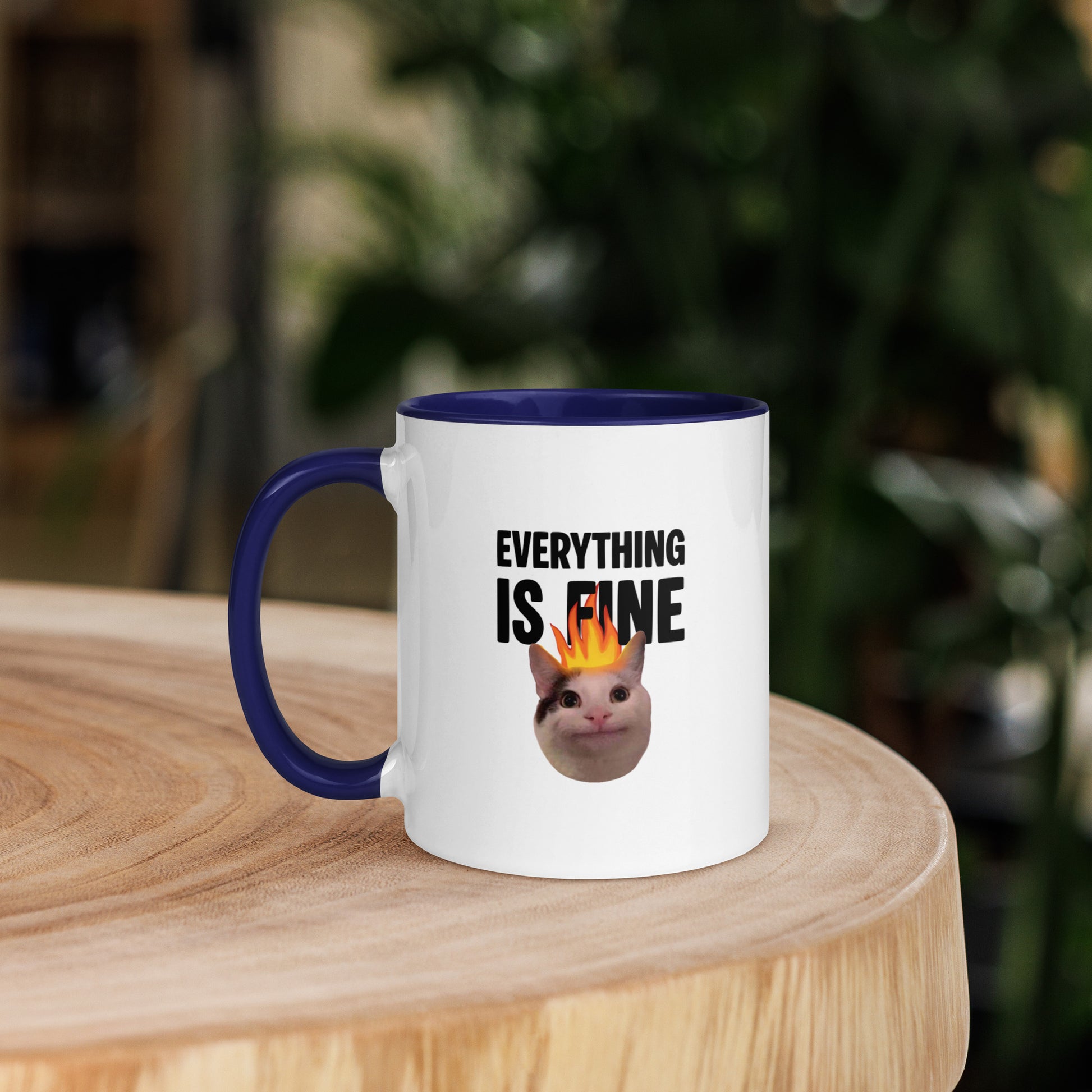 White ceramic mug with color inside featuring Beluga cat with fire on head and "EVERYTHING IS FINE" text