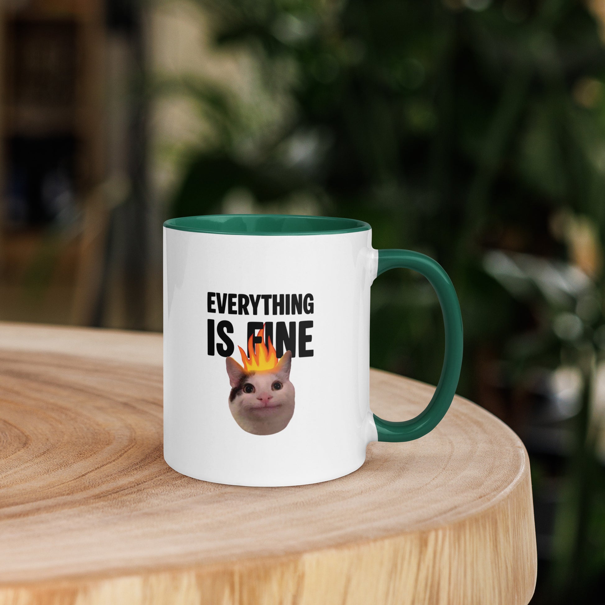White ceramic mug with color inside featuring Beluga cat with fire on head and "EVERYTHING IS FINE" text