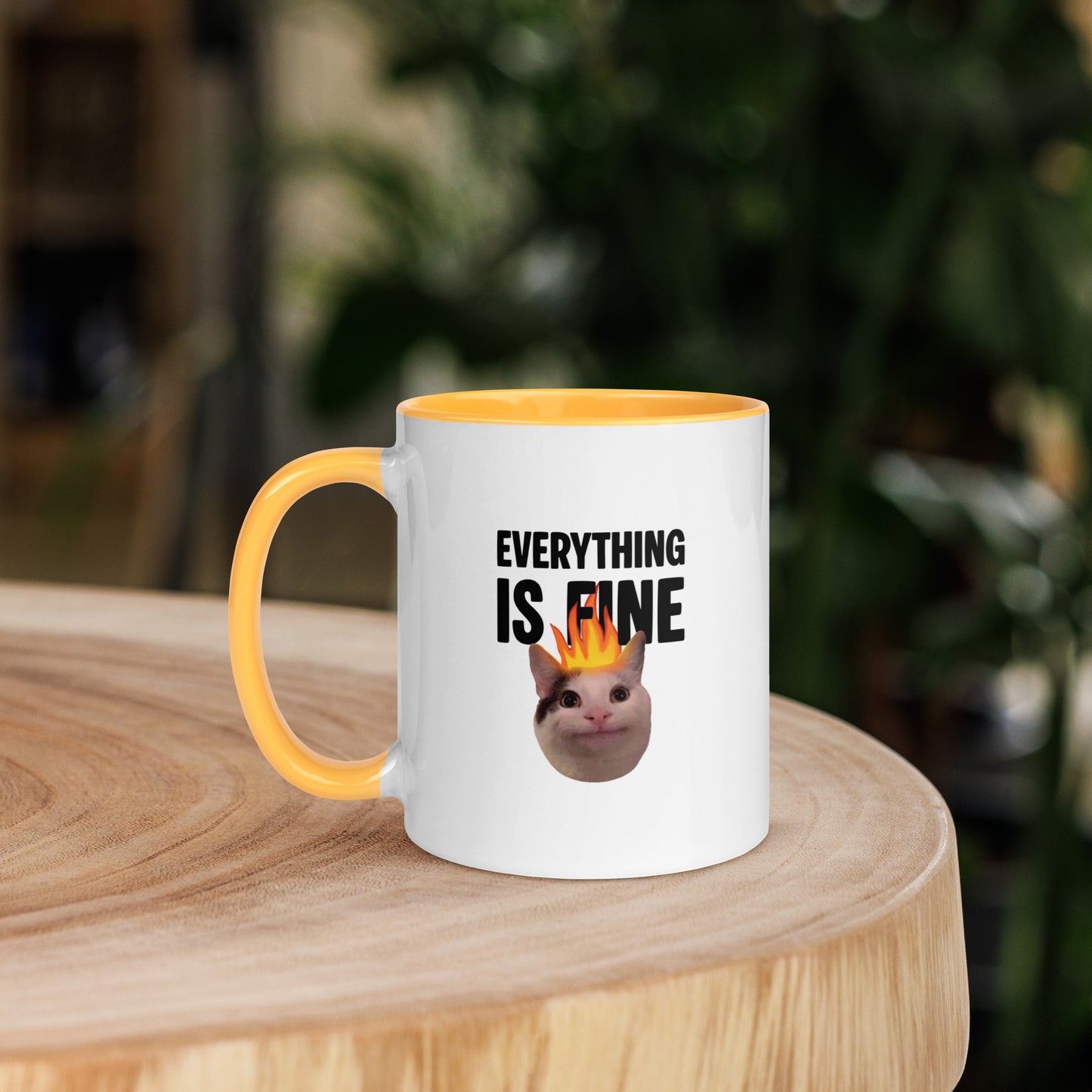 White ceramic mug with color inside featuring Beluga cat with fire on head and "EVERYTHING IS FINE" text