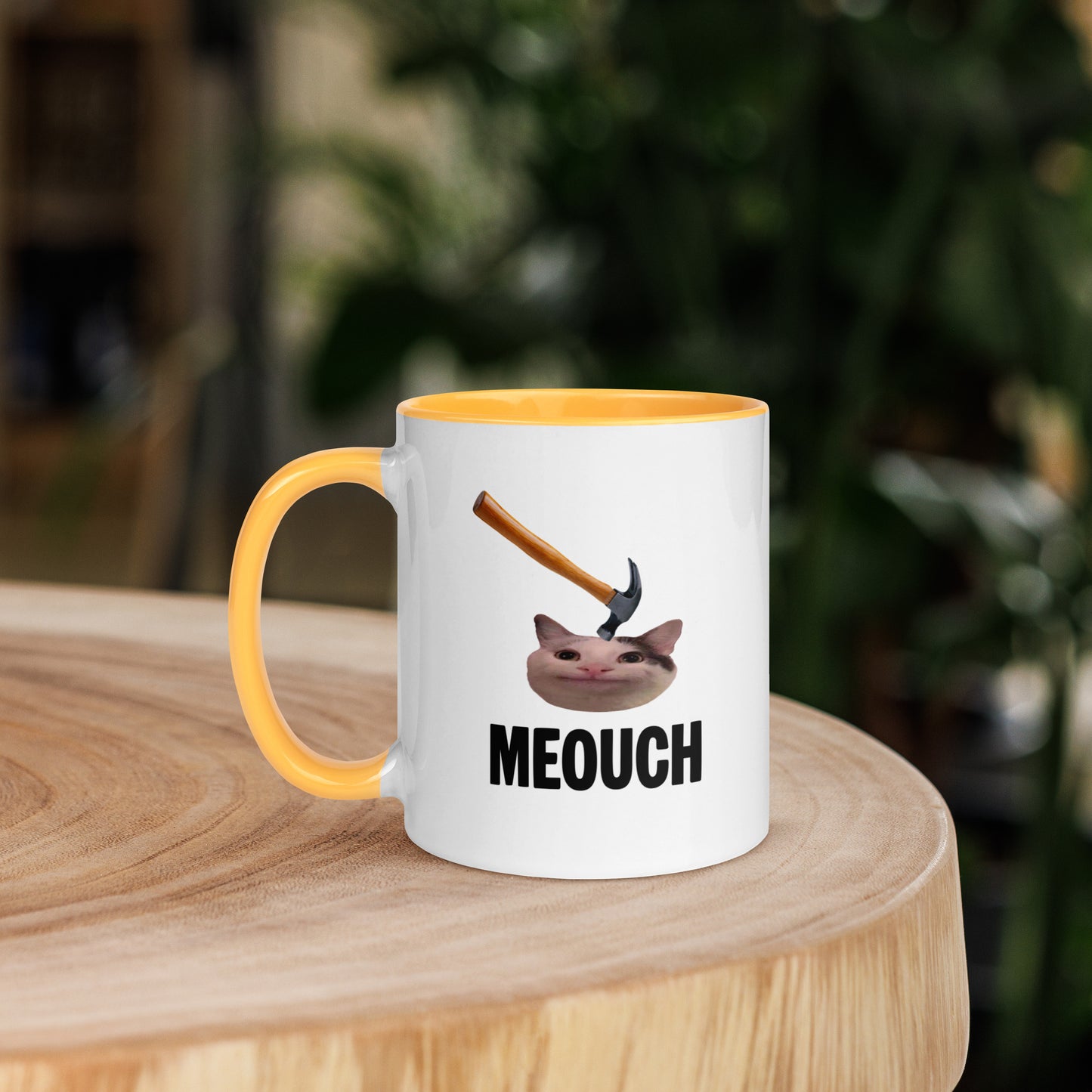White ceramic mug with Color inside featuring funny Meouch cat meme and hammer design