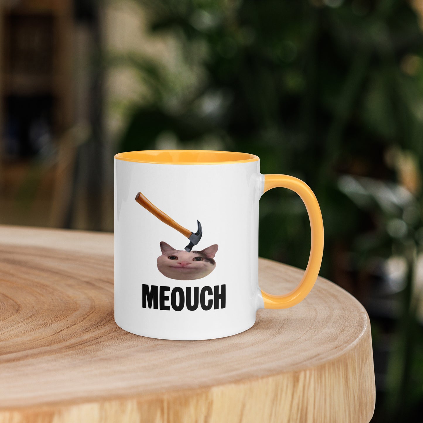 White ceramic mug with Color inside featuring funny Meouch cat meme and hammer design