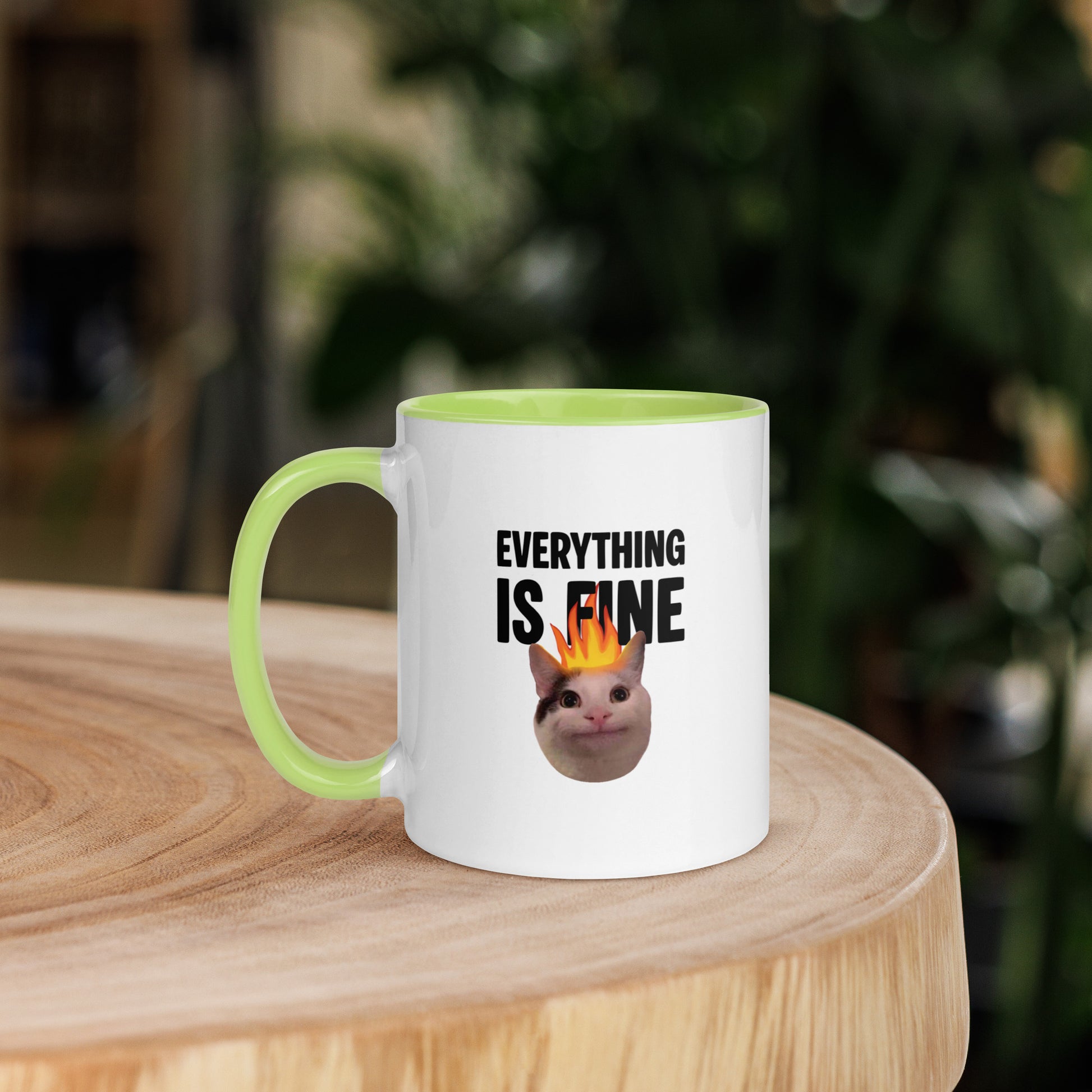 White ceramic mug with color inside featuring Beluga cat with fire on head and "EVERYTHING IS FINE" text