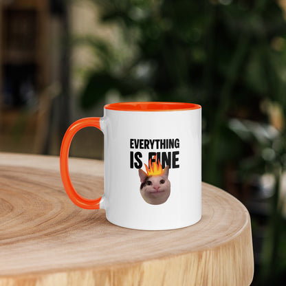 White ceramic mug with color inside featuring Beluga cat with fire on head and "EVERYTHING IS FINE" text