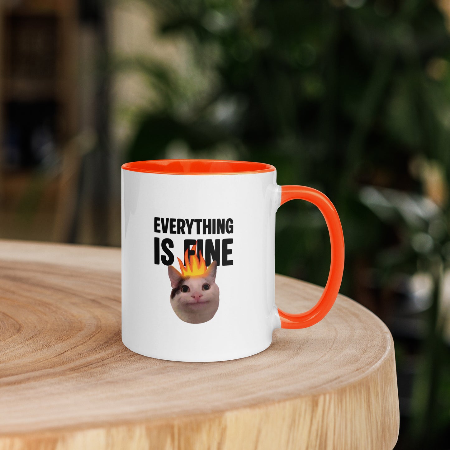 White ceramic mug with color inside featuring Beluga cat with fire on head and "EVERYTHING IS FINE" text