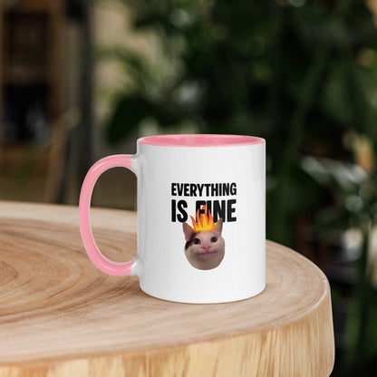 White ceramic mug with color inside featuring Beluga cat with fire on head and "EVERYTHING IS FINE" text