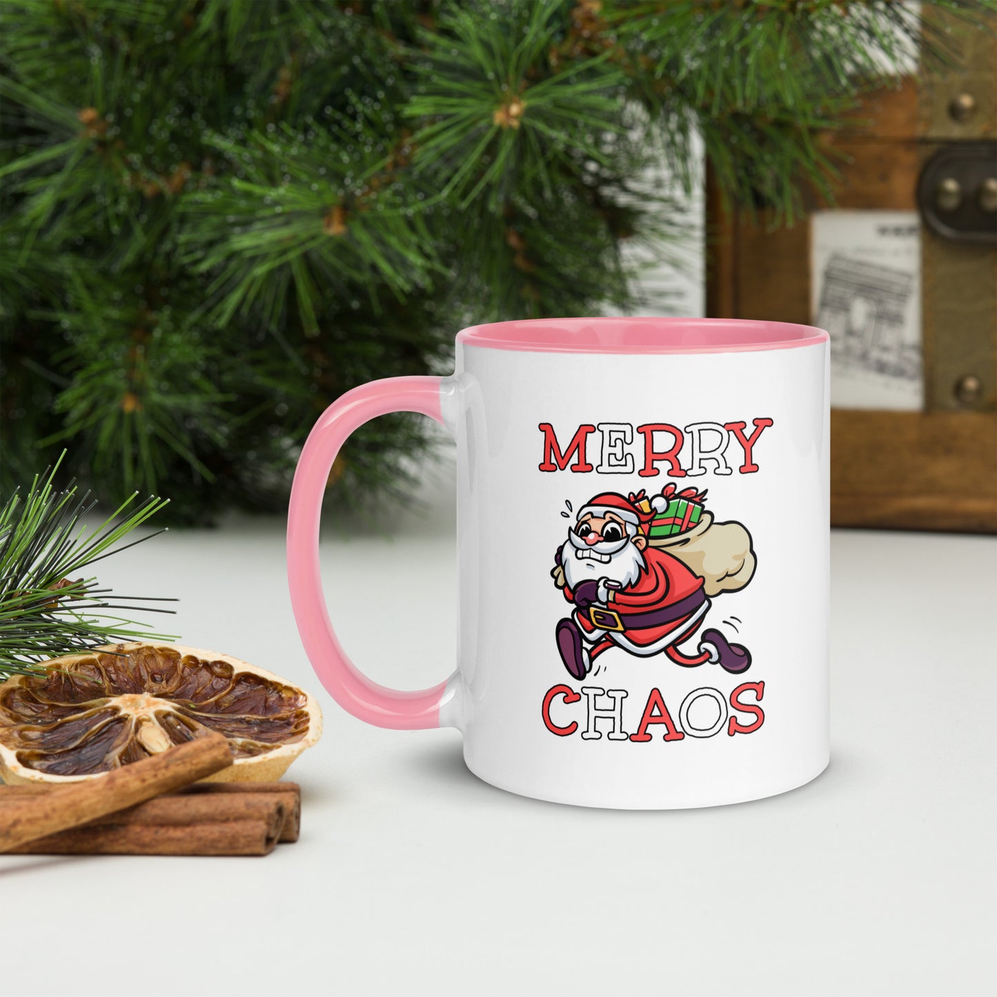 White ceramic mug with color inside featuring funny running Santa Claus and "MERRY CHAOS" text
